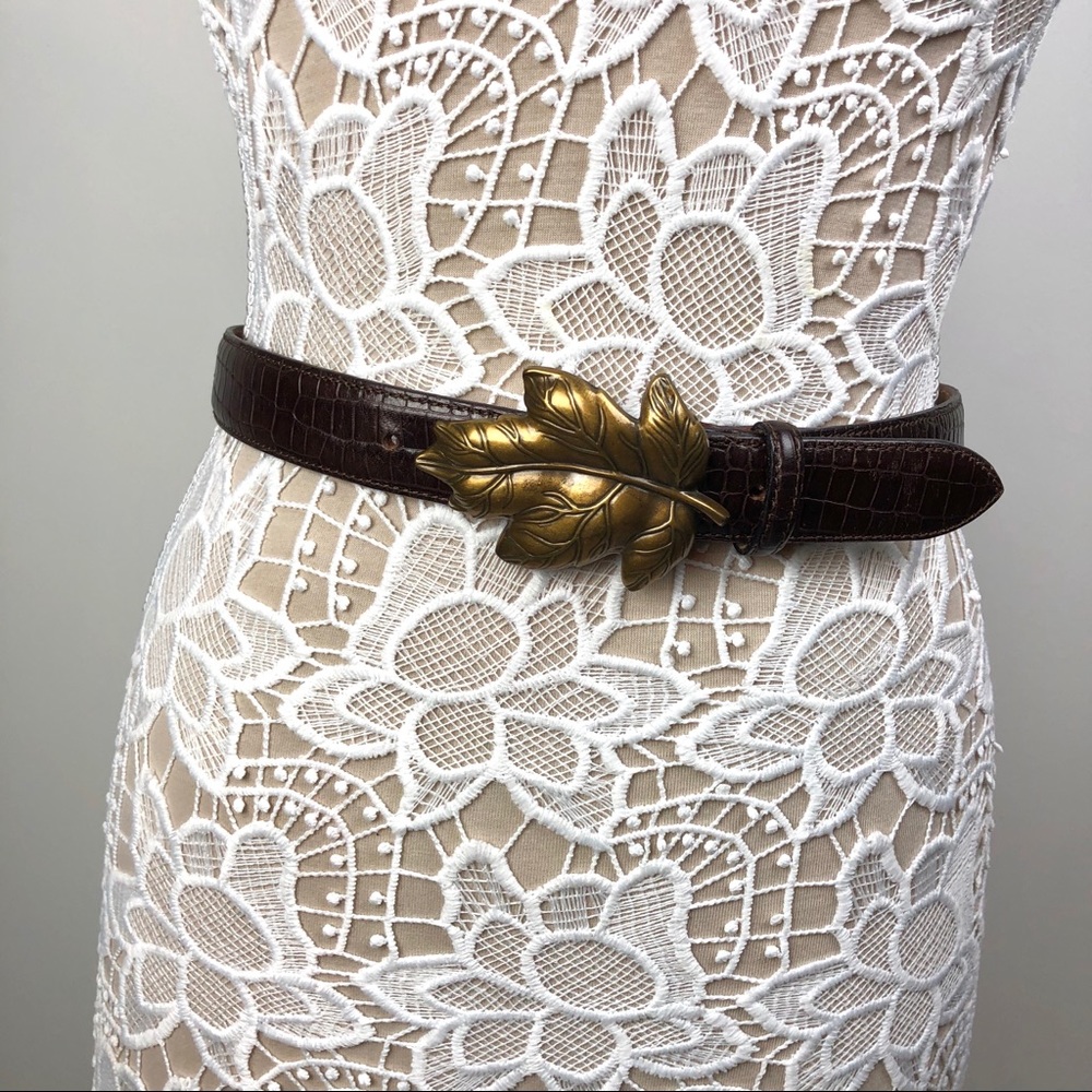Talbots Brown Leather Belt with Maple Leaf Buckle